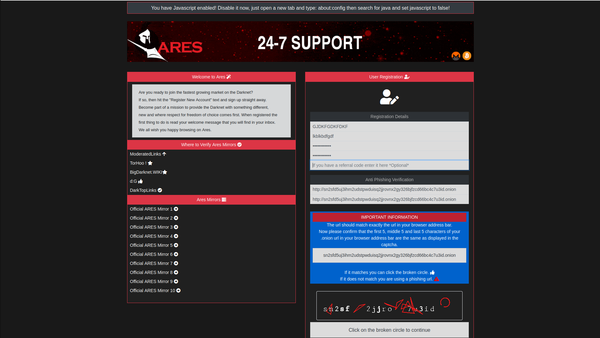 User registration screen with security features