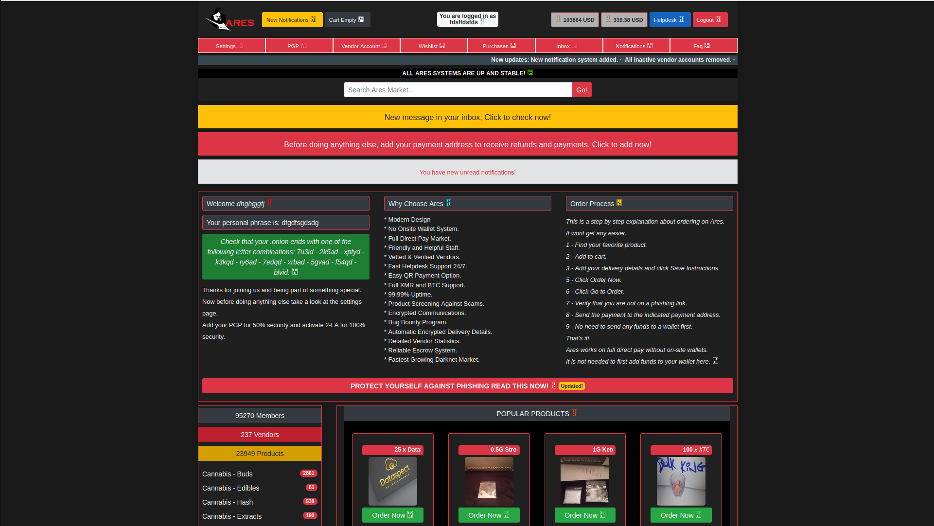 Main marketplace interface with vendor listings